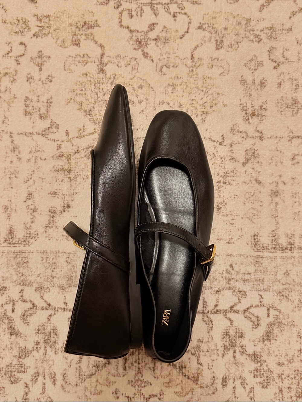 Zara Black Leather Mary Jane Flats with Gold Buckle